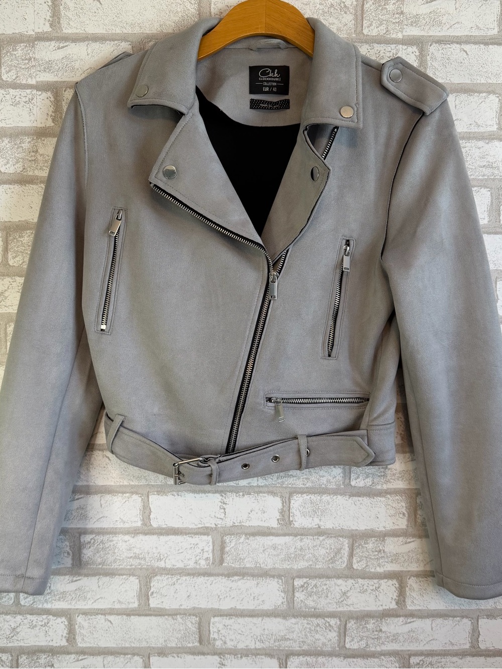 Clockhouse Gray Faux Suede Moto Jacket Belted Zip Biker Women’s US Medium EU40